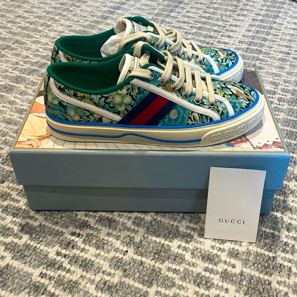 Brand New Gucci Tennis Shoes with a Green & Blue Floral Pattern.  Women’s Size 7